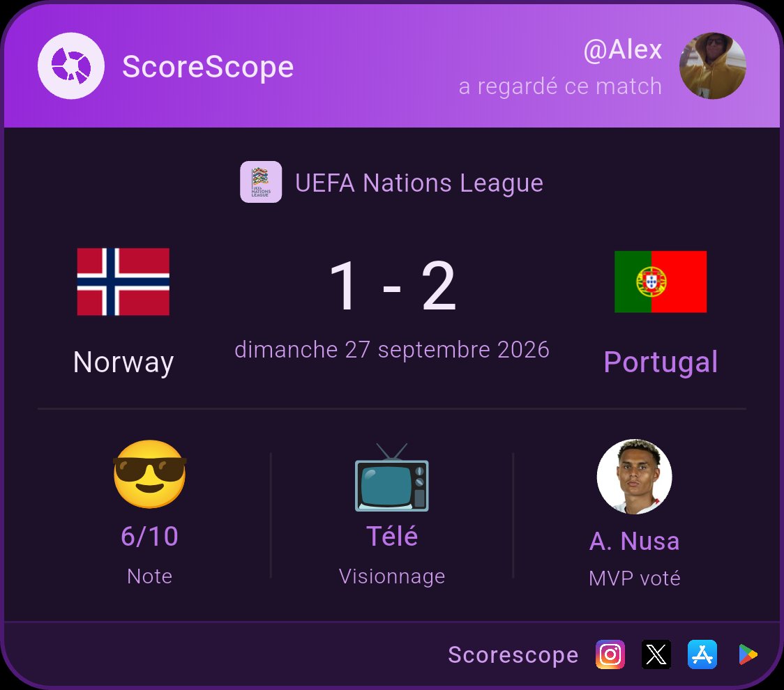 AlexBoucard's tweet photo. J'ai noté Norway - Portugal sur @ScoreScopeApp ! https://t.co/k3WDbqQAER