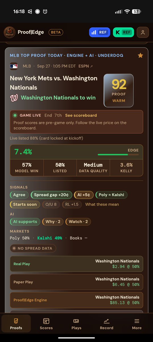 ProofEdgeApp's tweet photo. Sneak peek at ProofEdge 👀
We’re building a clearer way to evaluate sports prediction markets—live game context, market price, our independent Fair estimate, calculated edge, confidence, and Proof score in one view.
No “locks.” No black box. Just transparent decision support. https://t.co/iLENQdpx0r