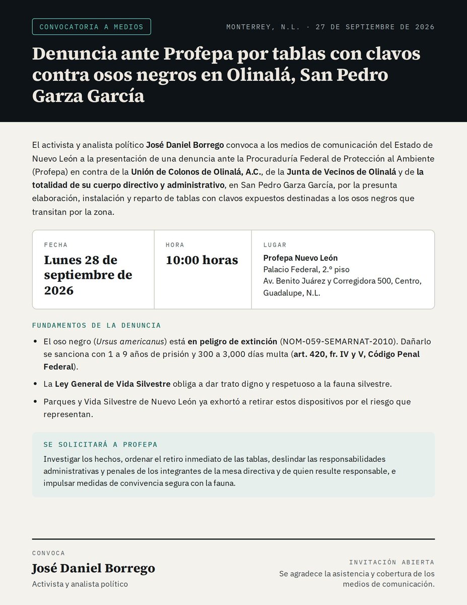 DanielBorrego87's tweet photo. CONVOCATORIA A MEDIOS Y CIUDADANOS.

MAÑANA 10 AM SE PONDRÁ LA DENUNCIA ANTE @profepa_mx contra los POTENCIALES ECOCIDAS de la Junta de vecinos de OLINALÁ. https://t.co/ZemlkuaWcH