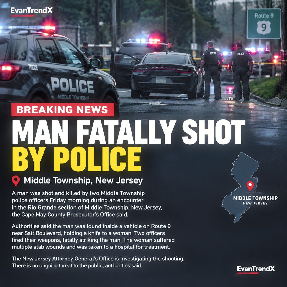 EvanTrendX's tweet photo. 🚨 BREAKING: MAN SHOT AND KILLED BY POLICE IN NEW JERSEY

A man was shot and killed by police Friday during an encounter in the Rio Grande section of Middle Township, New Jersey, authorities said.

#NewJersey #BreakingNews #PoliceShooting #USNews #CrimeNews https://t.co/xgnv7IBFxQ