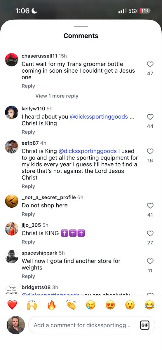 josh_seiter's tweet photo. Dick’s Sporting Goods has deleted hundreds of these comments from their Instagram page rather than just apologize for discriminating, and fixing the problem. Would be a shame if this went viral https://t.co/PXxppkF61c