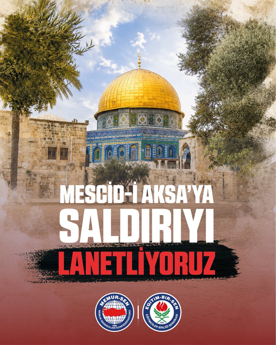 EgitimBirSen's tweet photo. İŞGALİ GENİŞLETME APARATI SİYONİST ÇETELERİN MESCİD-İ AKSA’YA YÖNELİK ALÇAK SALDIRILARINI LANETLİYORUZ!

Soykırım şebekesinin başı tarafından desteklenen sivil görünümlü çetelerin ilk kıblemiz Mescid-i Aksa’ya yönelik provakatif saldırılarını lanetliyoruz.

Eğitim-Bir-Sen olarak;
Kudüs’ün tarihi ve hukuki statüsünü hiçe sayan işgal rejimini, Mescid-i Aksa’yı kirleten işgal rejiminin aparatlarını, dünyanın gözü önünde devam eden soykırımı destekleyen devletleri lanetliyor; tüm bu olanlara gözlerini kapatıp adım atmayan uluslararası kuruluşları şiddetle kınıyoruz.

Uluslararası toplumu caydırıcı tedbirler almaya, mabedleri ve kutsalları hedef alan barbarlığa karşı net ve tavizsiz bir duruş sergilemeye çağırıyoruz.