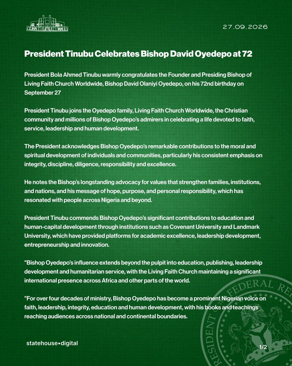 NGRPresident's tweet photo. President Tinubu Celebrates Bishop David Oyedepo at 72. https://t.co/2VgaDJo6ei