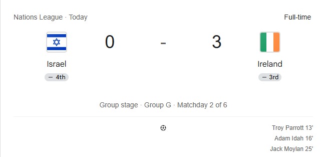 WokePolitlcsUK's tweet photo. 🚨 NEW: Ireland has carried out a 3-0 antisemitic pogrom against Israel in the Nations League. https://t.co/oyVjNoBzos