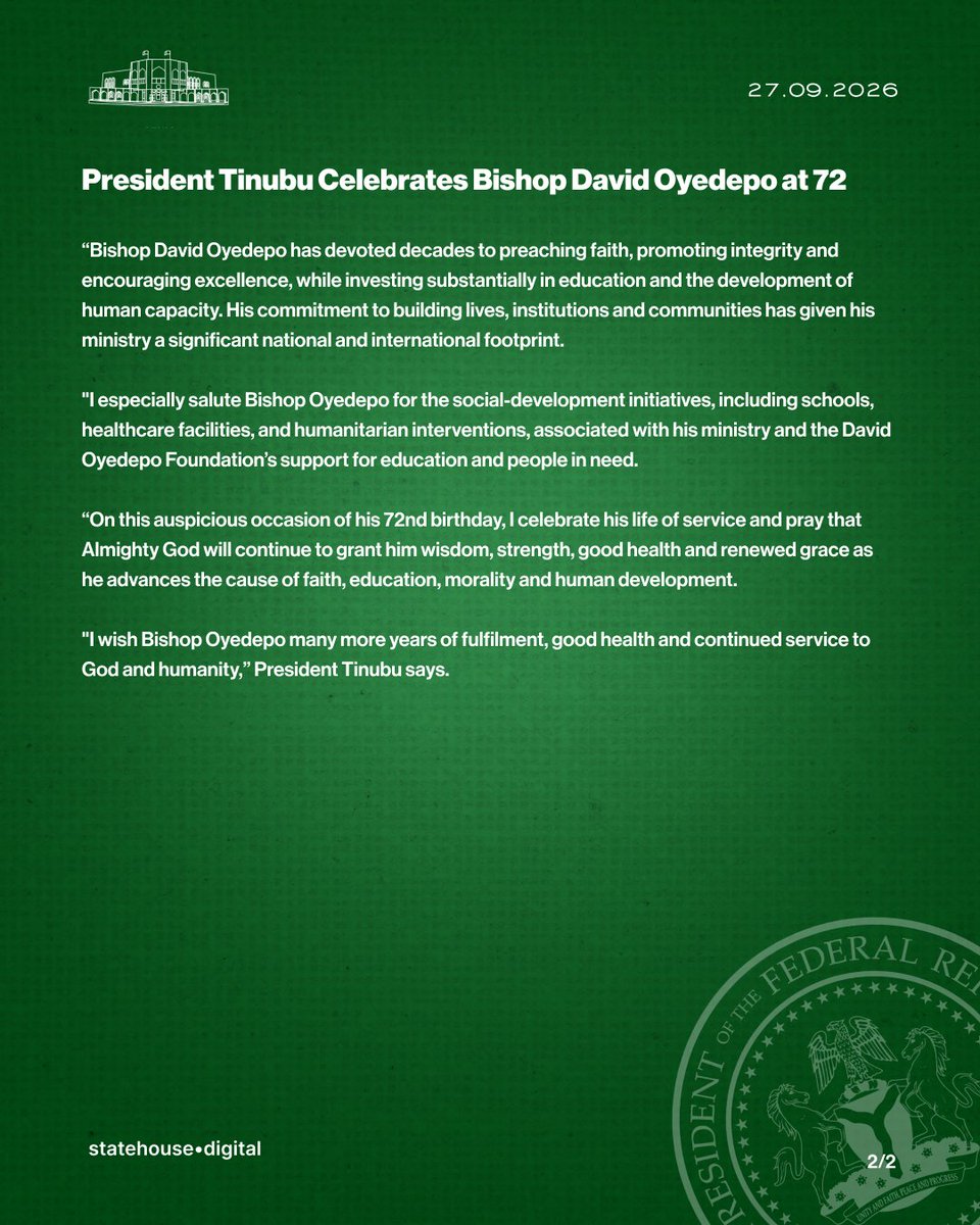 NGRPresident's tweet photo. President Tinubu Celebrates Bishop David Oyedepo at 72. https://t.co/2VgaDJo6ei