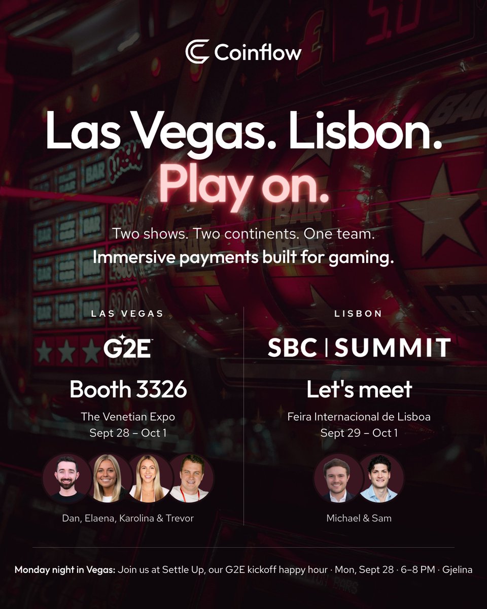 CoinflowLabs's tweet photo. This week, we're playing two tables at once. 🃏

Coinflow is at @G2Eshows in Las Vegas (booth 3326, The Venetian, Sept 28–Oct 1) & #SBCSummit in Lisbon (Feira Internacional de Lisboa, Sept 29–Oct 1) this week.

Two shows. Two continents.

One global team showcasing the fastest, most immersive payments in gaming.

Kick off your week in Vegas on Monday night with us for Settle Up, our G2E kickoff happy hour from 6 to 8 PM.

🎰 RSVP → https://t.co/iY1a5Hf8HJ