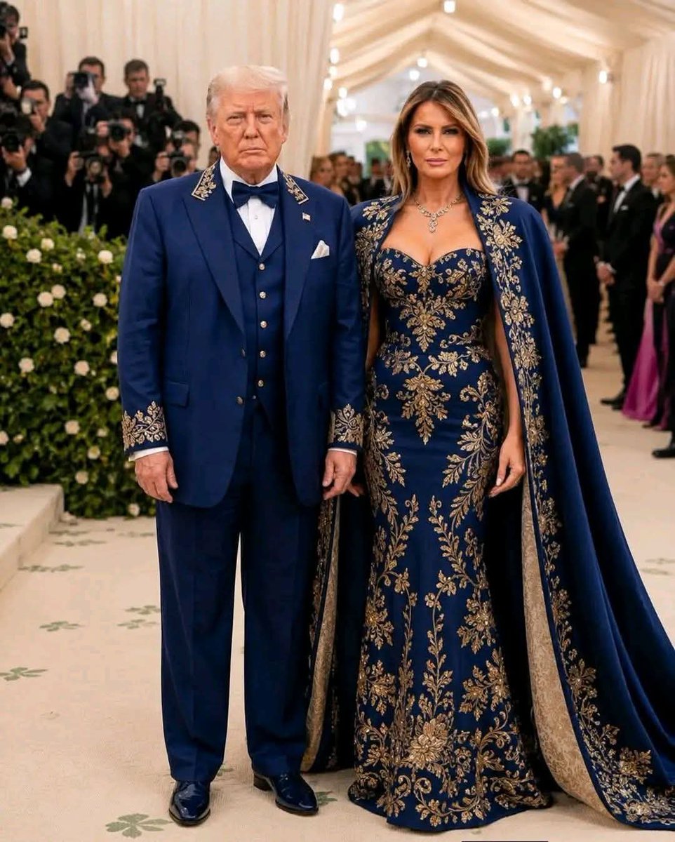 Barron302's tweet photo. Donald Trump and Melania Trump arriving in pure elegance and timeless style.
The royal blue, the gold details, the confidence  absolutely unforgettable. 🇺🇸✨🩵💙
#MelaniaTrump #DonaldTrump #Elegance #Fashion #Iconic https://t.co/i3PF121EQj