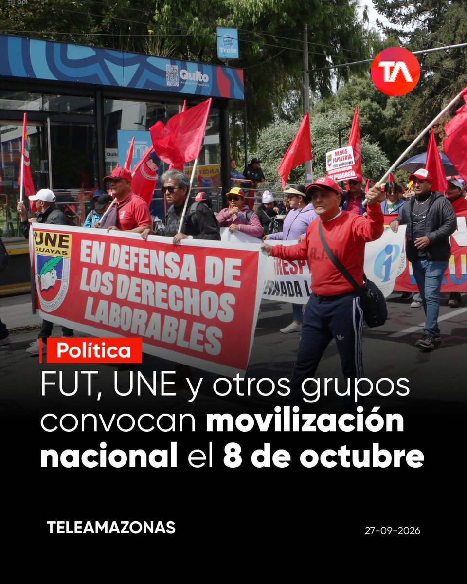 teleamazonasec's tweet photo. https://t.co/nP3dJtZnxu 👉 El FUT, la UNE y diversas organizaciones sociales convocan a una movilización nacional para este jueves 8 de octubre en rechazo a las políticas del Gobierno. https://t.co/IlRqIMEkq4