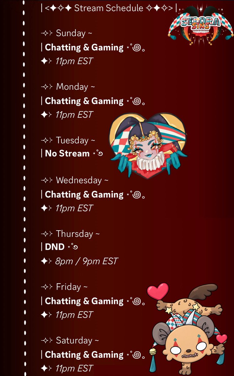 SeloraVT's tweet photo. ⋆˚꩜｡ Stream Schedule ｡꩜˚⋆

I'm gonna be locked in with posting my schedule every Sunday ! { Well... I'm gonna try ! T^T } https://t.co/2XpM7vWFaL