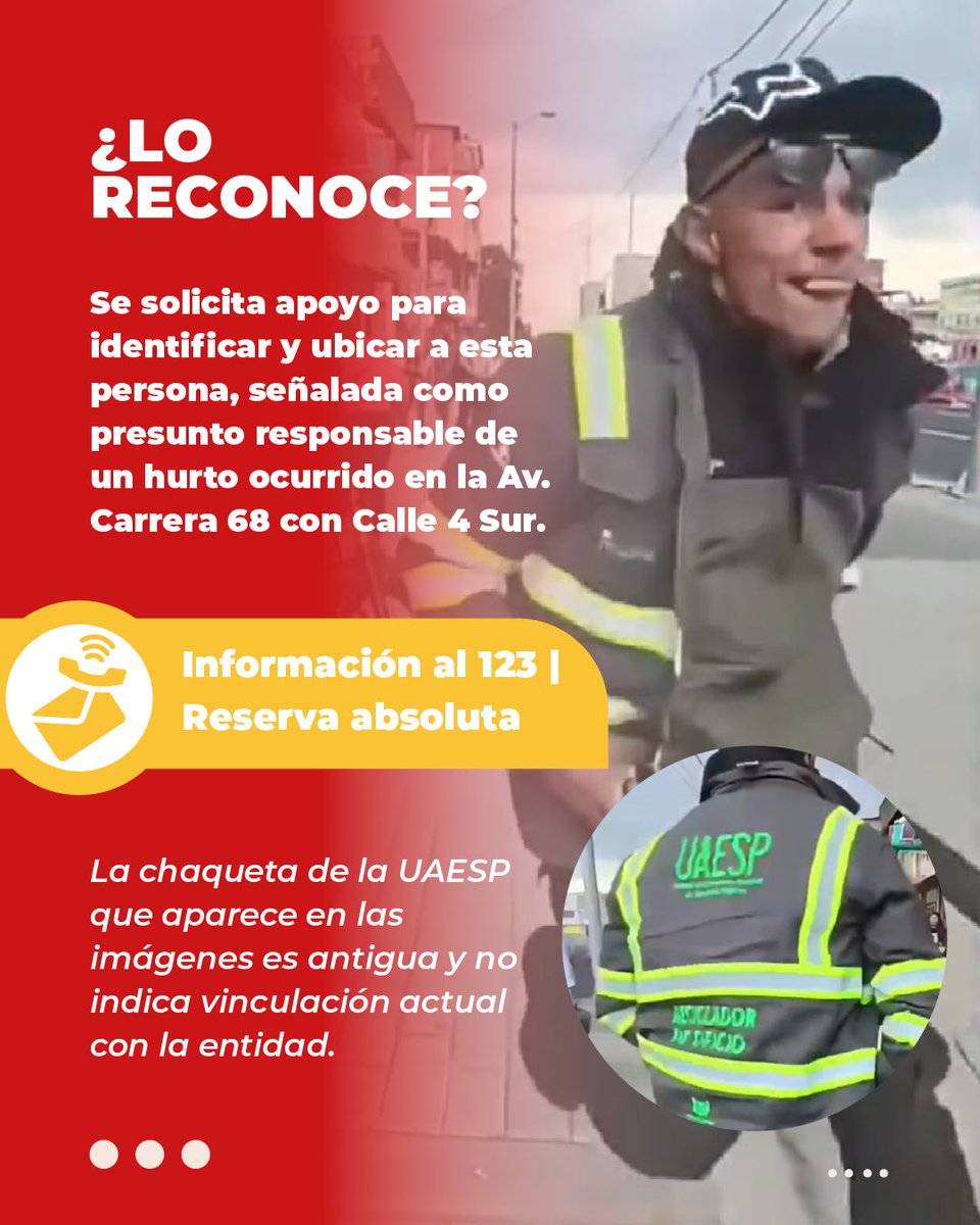 SeguridadBOG's tweet photo. ¡Se busca este hombre, señalado de hurtar y golpear a una mujer!

Los hechos ocurrieron en la carrera 68 con calle 4 sur. Al momento del hurto, portaba una chaqueta antigua de la @Uaesp. 

¿Lo reconoce? Su información es clave para ubicarlo. Llame al 123. Absoluta reserva.

Entre todos #DeFrenteContraElCrimen.