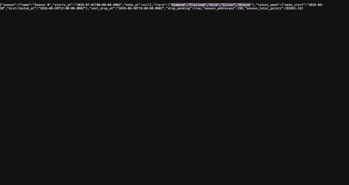 Ital9an's tweet photo. They forgot to hide the points API.

@arcus_xyz already has Season 0 live in the backend.
Tiers: Bronze → Diamond
~198 wallets on the board
~396k points already minted.

Next drop is this week.

dYdX team + Robinhood
24/7 stocks. 0% spot fees
Spot volume now boosts the perps waitlist

Most people still don’t see it
https://t.co/HSNskCUfKW