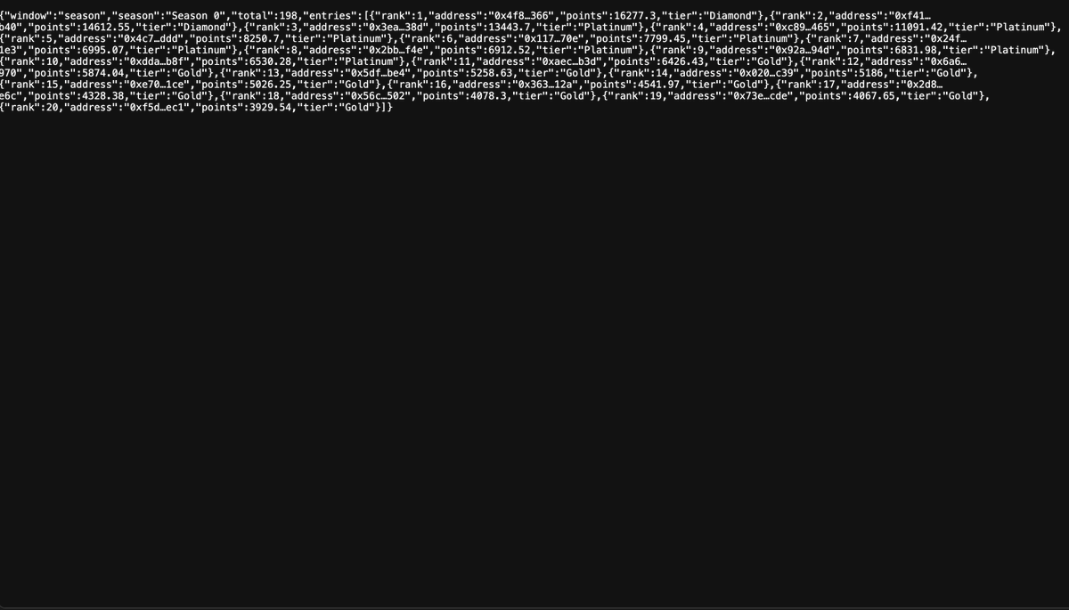 Ital9an's tweet photo. They forgot to hide the points API.

@arcus_xyz already has Season 0 live in the backend.
Tiers: Bronze → Diamond
~198 wallets on the board
~396k points already minted.

Next drop is this week.

dYdX team + Robinhood
24/7 stocks. 0% spot fees
Spot volume now boosts the perps waitlist

Most people still don’t see it
https://t.co/HSNskCUfKW
