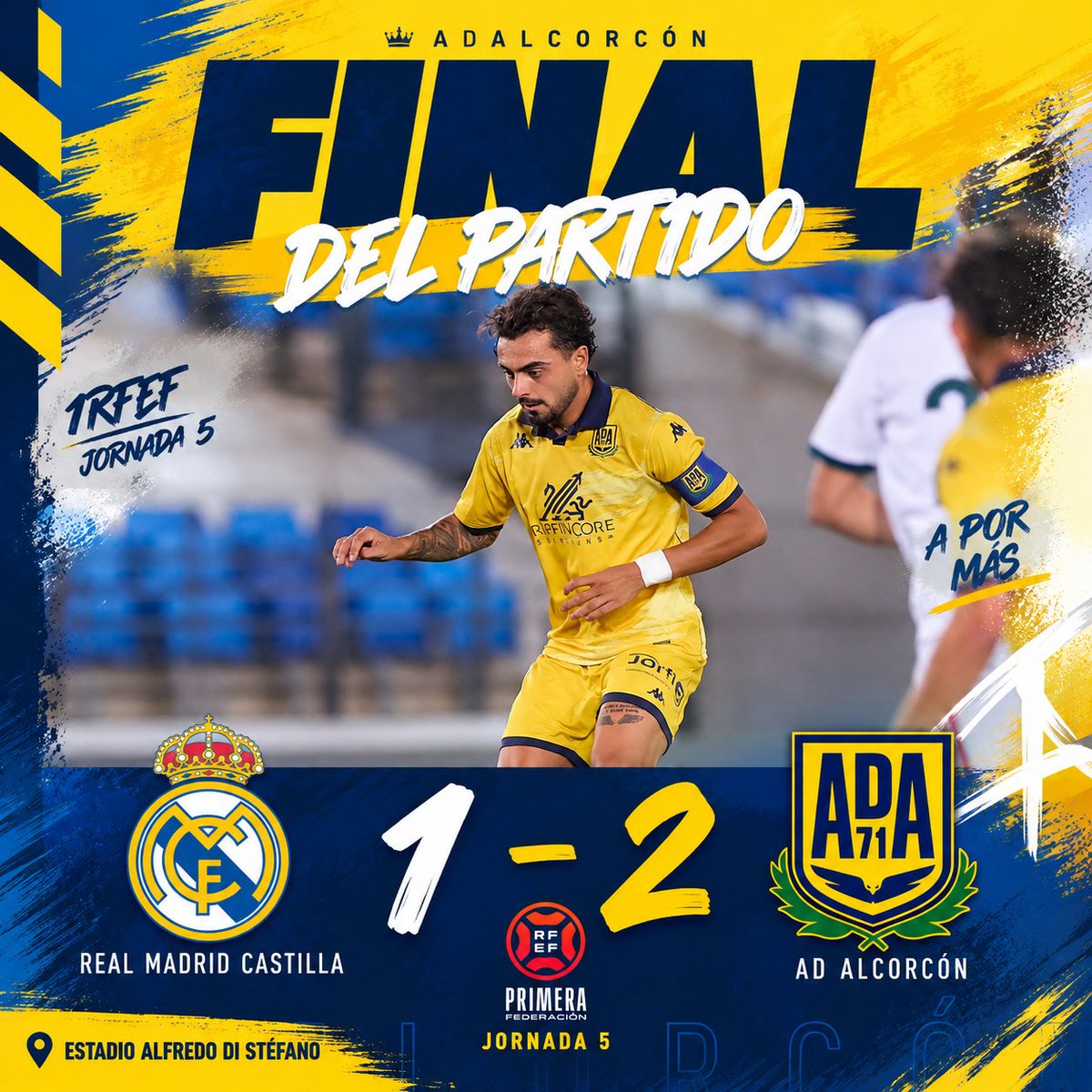 adalcorconfans2's tweet photo. 💙VICTORIA💛
•
🏟️Final en el #EstadioAlfredoDiStéfano donde la @AD_Alcorcon se impuso por 1-2 a @lafabricacrm 
•
⚽Victoria muy trabajada por parte de unos #alfareros que remontaron y de qué manera...porque tenían a más de 100 locos de la cabeza alentándolos hasta el final💙💛 https://t.co/uC66dcaYIF