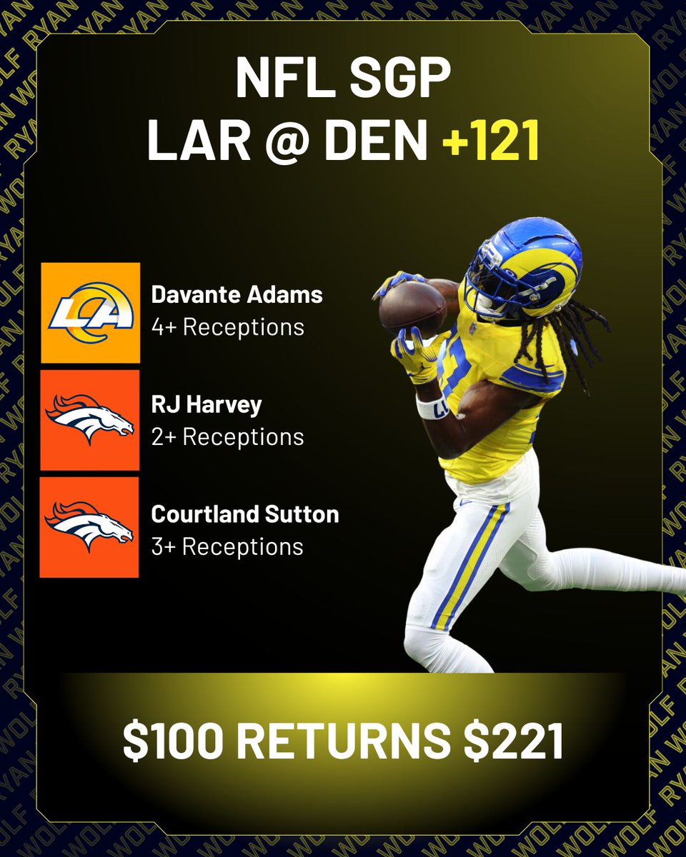 RyanWolfPicksAI's tweet photo. 🏈 My SNF parlay for the Rams vs Broncos clash is here! 
👀 I’m also going to place a longshot bet which will drop VERY soon, stay tuned! https://t.co/X6GJWYNdln