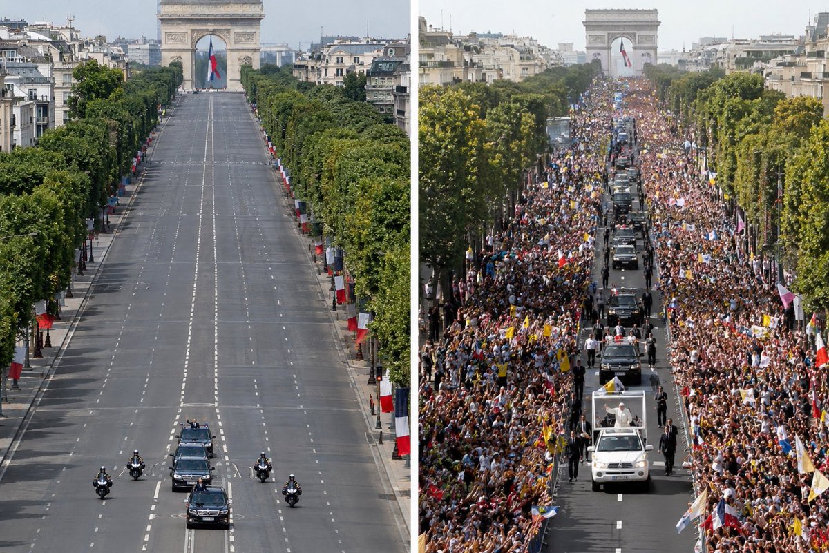 Poulin2012's tweet photo. Image à gauche, défilé de Macron, il fallait un QR code et une inscription en ligne pour raison de sécurité. 

Image à droite : rien. https://t.co/EdcMyNvBfw