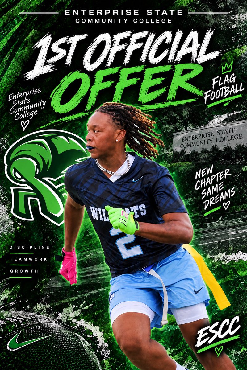 JaniyahBlo7lk's tweet photo. 1ST OFFICIAL OFFER! 🙏🏽👑💚🏈

All glory to God! 🙏🏽 Blessed to receive my first flag football offer from Enterprise State Community College!

Thank you Coach Fleming for believing in me and this opportunity. 💚

#AllGloryToGod #ESCC #FirstOffer #Recruit2027 https://t.co/xxmneLnQml