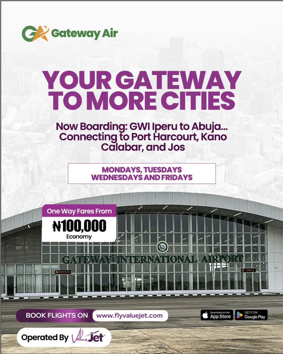 Emmyteelogistic's tweet photo. ✈️ MORE ROUTES. MORE POSSIBILITIES.
Gateway Air connects Iperu to Abuja, Port Harcourt, Kano, Calabar &amp; Jos, with economy fares from ₦100,000. Flights run Mondays, Tuesdays, Wednesdays &amp; Fridays.
📲 Book with Emmytee Logistics: 08100744153 | 07081789076 #cargo #logistics https://t.co/97zrz0dmZs