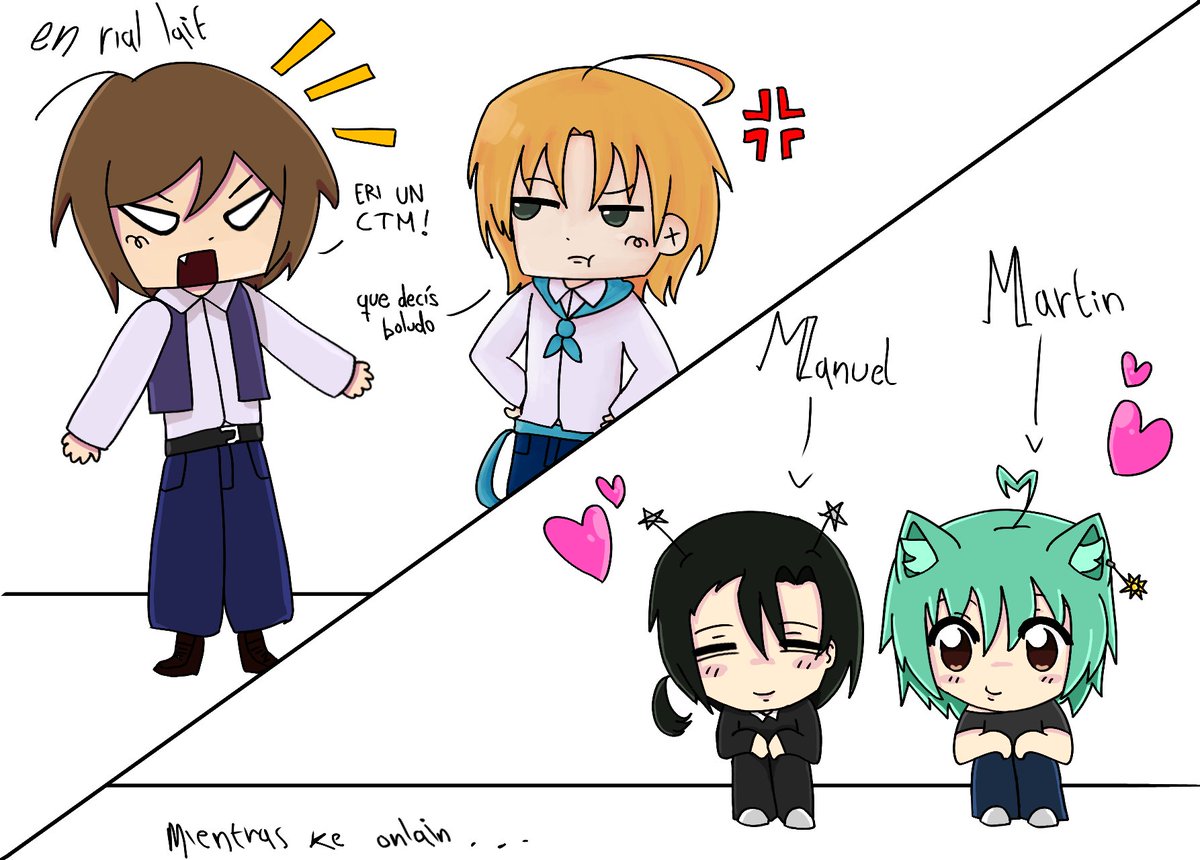 matitalio's tweet photo. #ArgchiWeek2026
Manuel y Martin son compañrros d laburp irl y se ODIAN pero los dos juegan a un cosito online y ahi son recontra amiguetes sin saber q detras de la pantalla tmb se conocen 👀👀👀 https://t.co/Sz66V01rVd