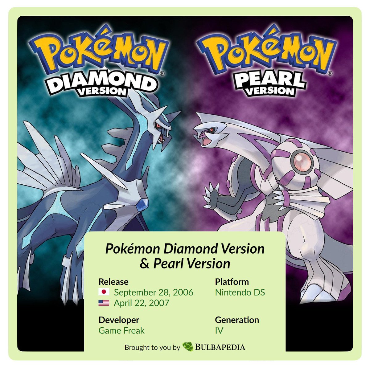Bulbapedia's tweet photo. Today is the 20th anniversary of Pokémon Diamond and Pearl Versions, first released in Japan for the Nintendo DS on September 28, 2006!

The first in the DS era of Pokémon titles, these games introduced features such as the GTS and a new physical/special move split. https://t.co/Uqc8VzS3Uv