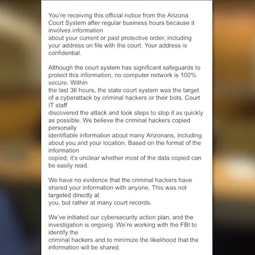 IntCyberDigest's tweet photo. ‼️ Hackers breached Arizona's state court system and have copied personal data on many Arizonans, including the confidential addresses of people with current or past protective orders.

The court is now notifying those affected as the FBI investigates, saying it's unclear whether most of the data can be easily read and there's no evidence it has been shared.