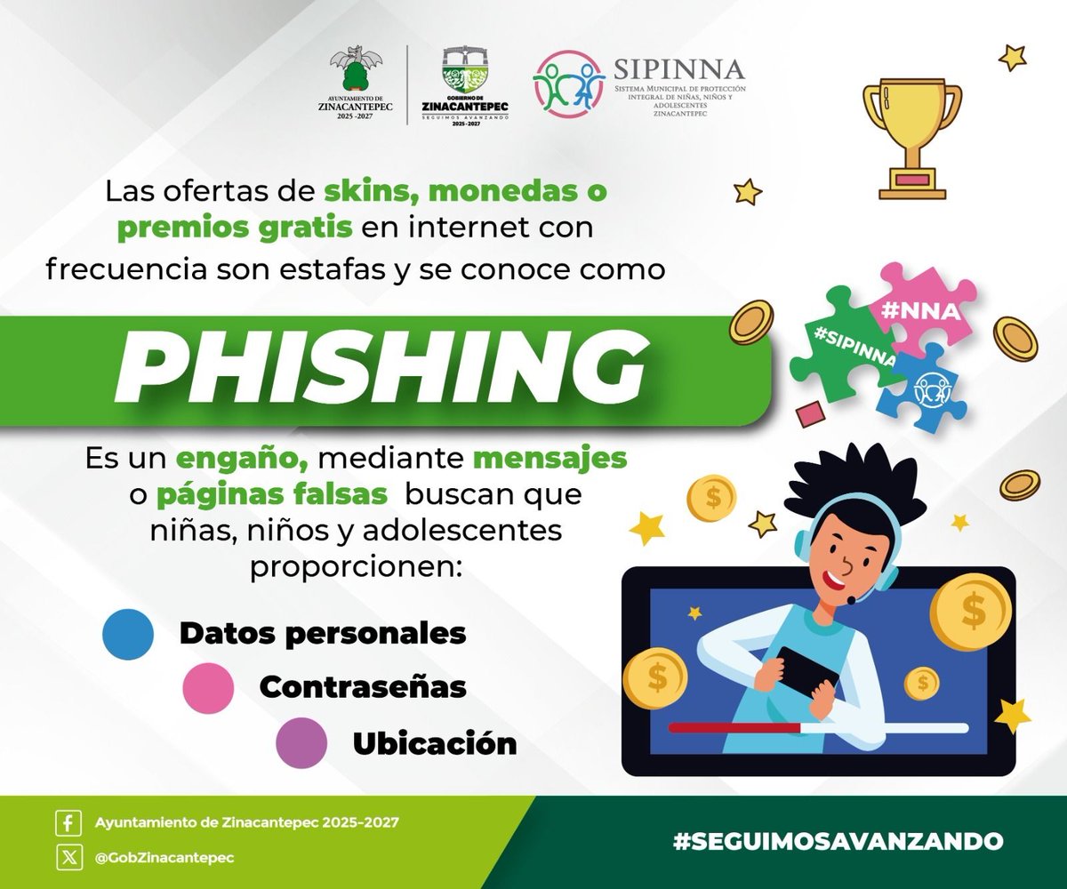 GobZinacantepec's tweet photo. 🚨🎮 #Phishing #SeguridadDigital #InternetSeguro
¿Te ofrecen skins, monedas o premios gratis? Podría tratarse de phishing, una forma de engaño mediante mensajes o páginas falsas para obtener información personal
🔐 No compartas:
❌ Datos personales
❌ Contraseñas
❌ Tu ubicación https://t.co/SbBcLKAWhd