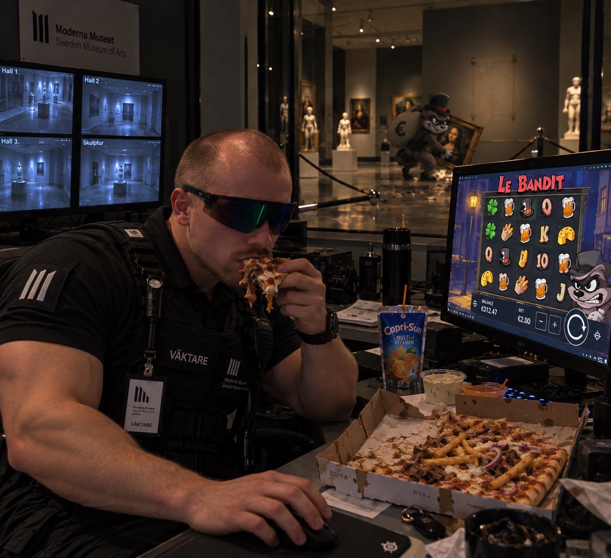 SpyroA19970's tweet photo. Newly surfaced photos of @JesperCS2 have sparked attention following reports of the theft of the Mona Lisa from a Swedish art museum. According to reports, Jesper allegedly appeared completely unfazed by the incident, choosing instead to eat a kebab pizza while playing Le Bandit. https://t.co/XngrfUsYMN
