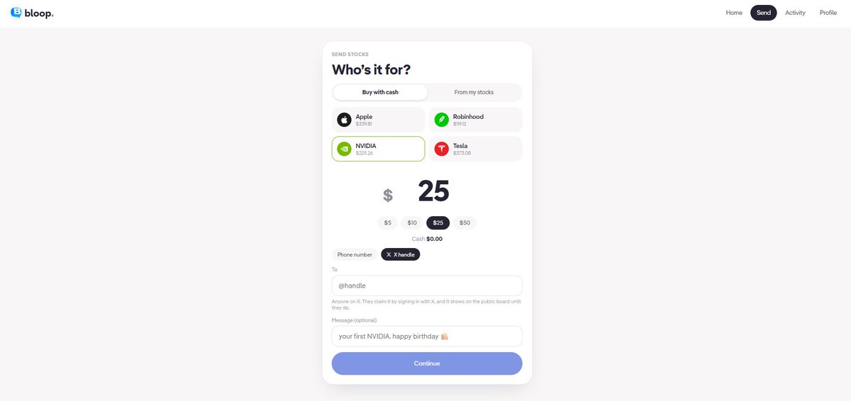 BloopFinanceApp's tweet photo. This update is now live on Bloop.

Send tokenized stocks directly to a @username 

https://t.co/ltnKh6z3Oi https://t.co/yqtpK92Y8b