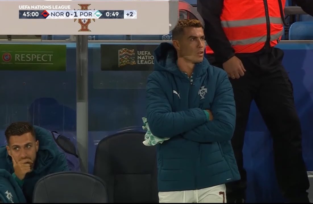 Lemonbryz's tweet photo. 🚨🎙️ Cristiano Ronaldo when asked how he feels about not getting any minutes against Norway; 

🗣️"People see my face and they want to make up stories, but inside my head, I was just watching the young lads out there doing a brilliant job. I’m competitive—my mind is always racing, thinking about how I can enter the pitch and influence the game even more positively. I can’t help it, that is just who I am. But please, don't mistake that focus for disappointment or frustration. Absolutely not.

I want what is best for Portugal, period. If Jorge Jesus decides the team didn't need me on the pitch today, I completely respect and support his decision. Jorge is a manager I trust deeply, so whatever he chooses is fully fine with me. Nothing more than that. Maybe next match I play, maybe I don't—it doesn't matter. As long as Portugal wins, I am happy."