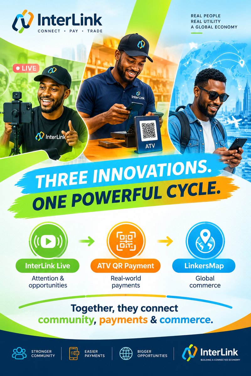 bmbtiger's tweet photo. 🔵🟡🌍 THREE INNOVATIONS. ONE POWERFUL CYCLE.

🔵 InterLink Live - Attention &amp; opportunities
🟡 ATV QR Payment - Real-world payments
🌍 LinkersMap - Global commerce

Together, they connect community, payments &amp; commerce.

#InterLink #ITLG #ITL https://t.co/qGI5mKBhtu
