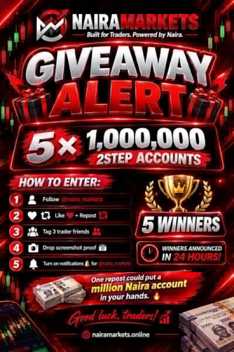 naira_markets's tweet photo. 🎁 GIVEAWAY ALERT 🎁

🔥 5 × 1,000,000 2step ACCOUNTS

How to enter:

1️⃣ Follow @naira_markets
2️⃣ Like ❤️ + Repost 🔁
3️⃣ Tag 3 trader friends 👥
4️⃣ Drop screenshot proof 📸
5️⃣ Turn on notifications 🔔 for @naira_markets

🏆 5 WINNERS
⏰ WINNERS ANNOUNCED IN 24 HOURS!

One repost could put a million Naira account in your hands. 🔥

Good luck, traders! 📈