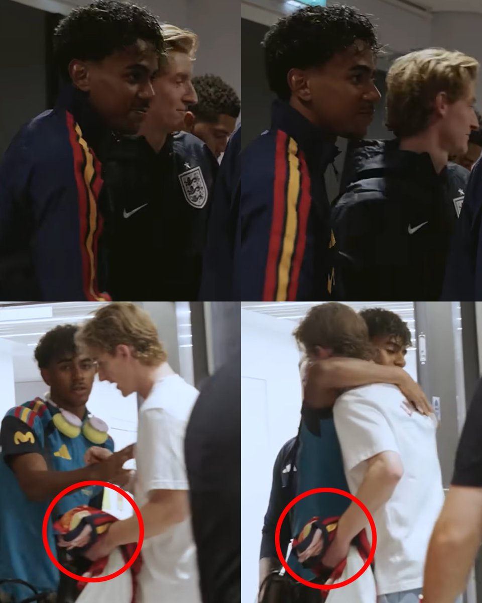 InvictosSomos's tweet photo. Anthony Gordon y Lamine Yamal intercambiando camisetas tras enfrentarse en el partido de Nations League entre Inglaterra y España. En esta fecha FIFA les tocó ser rivales, pero vienen construyendo una gran amistad y entendimiento en el FC Barcelona. BARCELONISMO PURO.