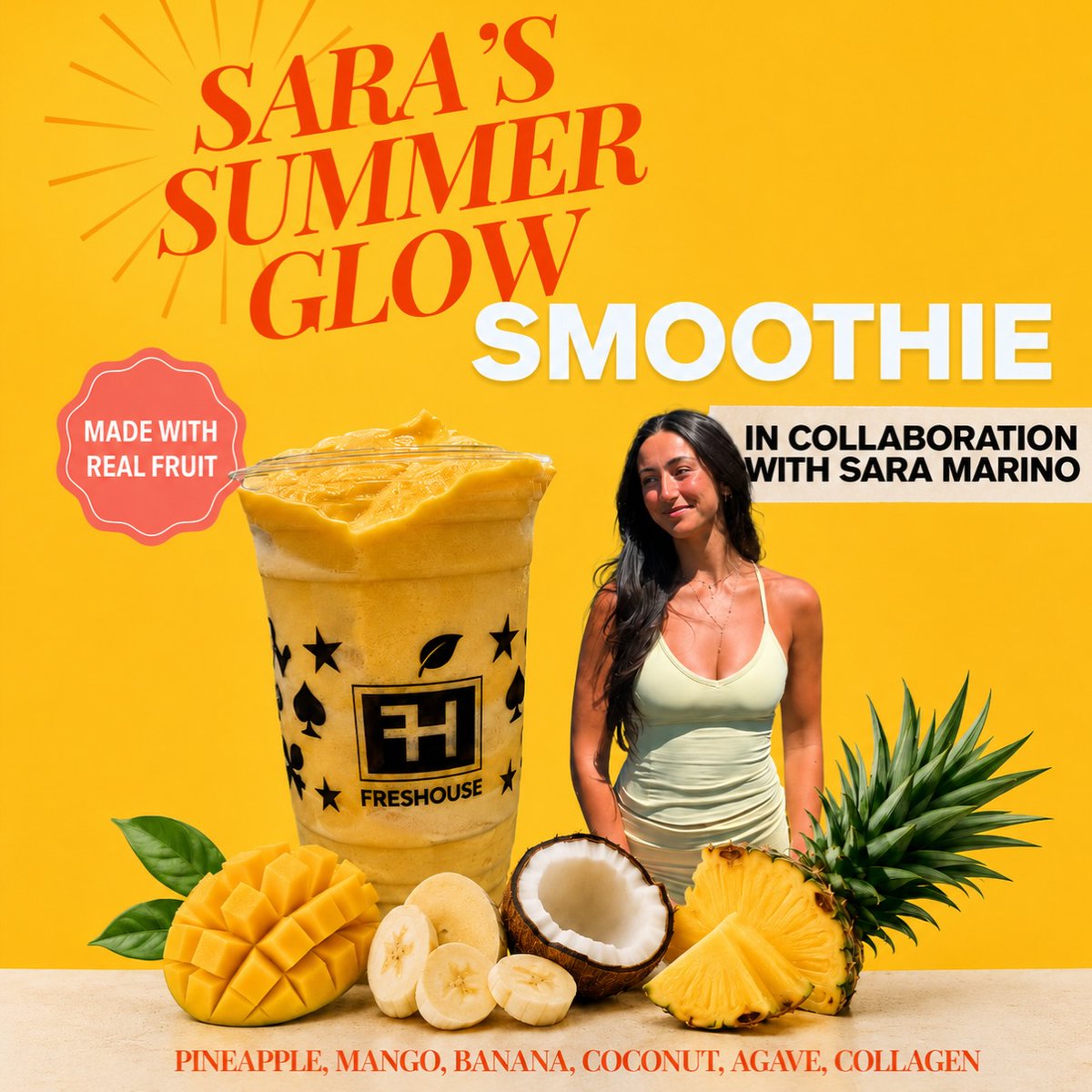 FlorineHarfhsx's tweet photo. Meet your new summer obsession: Sara’s Summer Glow Smoothie, created with Sara Mariino. A creamy tropical blend of real pineapple, mango, banana, coconut, agave, and collagen, now available at all Freshouse North locations. https://t.co/7UHgTV27bg