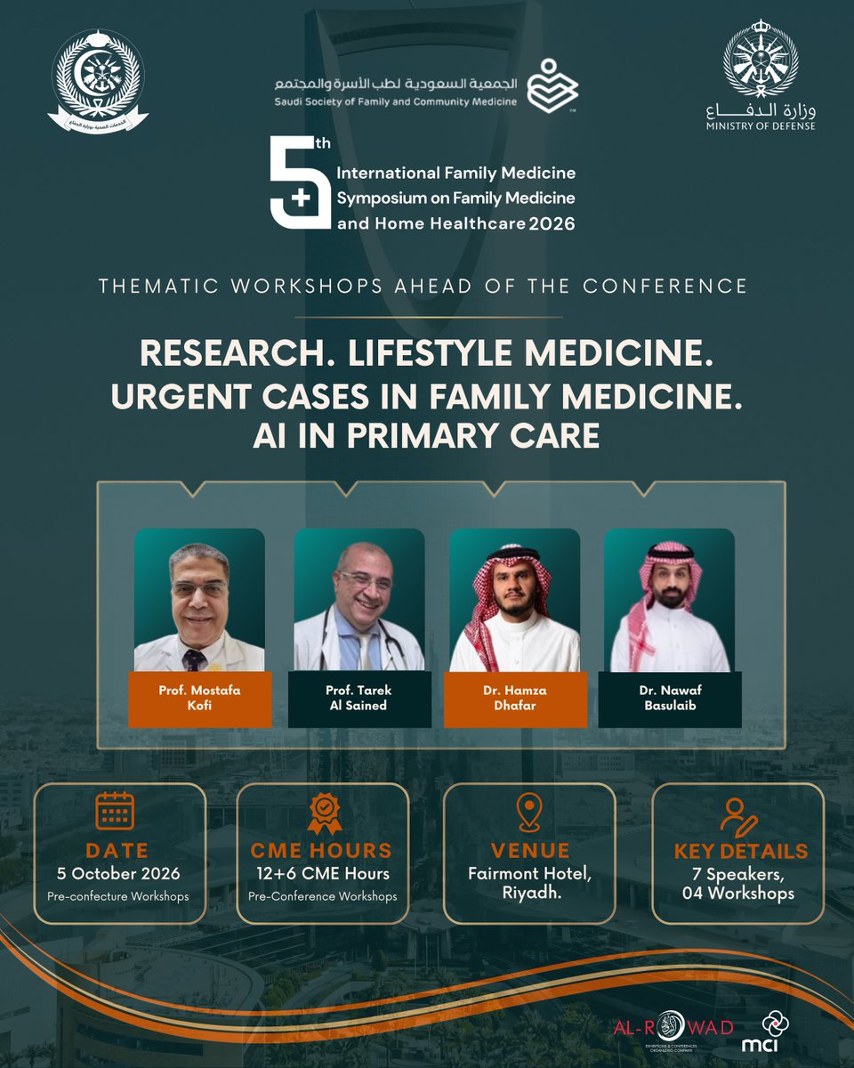MCIAlRowad's tweet photo. Research. Lifestyle medicine. Urgent cases. AI in primary care.

4 thematic workshops. 7 specialists. 6 CME hours, ahead of the 5th International Family Medicine Symposium.

📅 5 Oct | Fairmont Hotel, Riyadh https://t.co/5jhaT1Ggpn