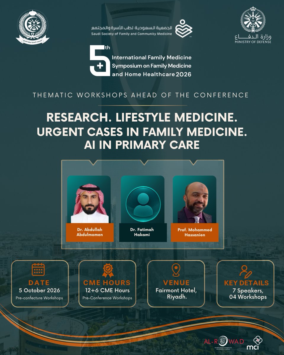 MCIAlRowad's tweet photo. Research. Lifestyle medicine. Urgent cases. AI in primary care.

4 thematic workshops. 7 specialists. 6 CME hours, ahead of the 5th International Family Medicine Symposium.

📅 5 Oct | Fairmont Hotel, Riyadh https://t.co/5jhaT1Ggpn