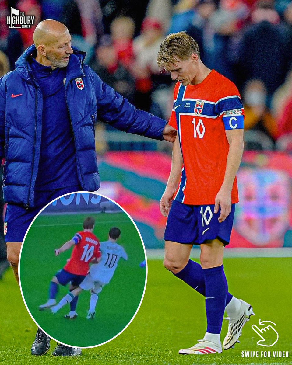 HighburyCorner_'s tweet photo. 🇳🇴 Martin Ødegaard was seen limping for the last 5 minutes of Norway’s 2-1 defeat to Portugal after ex-Manchester City RAT Bernardo Silva kicked out at him completely unprovoked 😡

Add it to the 114 charges. 😤 https://t.co/oN9HFuvwKU