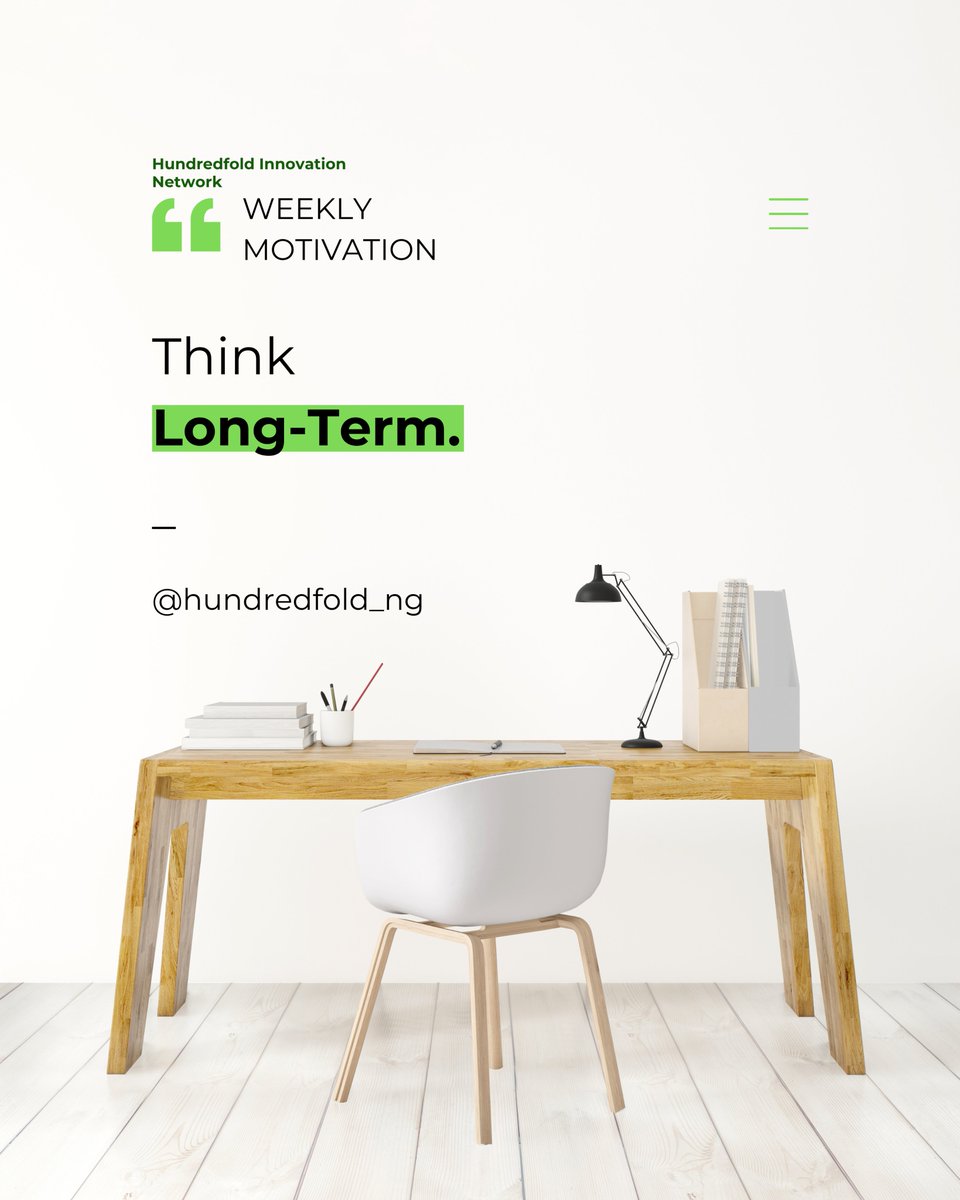 Hundredfold_ng's tweet photo. Great things are rarely built overnight. The decisions we make today are laying foundations for the future we want tomorrow.

Don’t sacrifice your long-term vision for short-term excitement.
Have a blessed and fruitful week.

— Hundredfold Innovation Network https://t.co/nwDb24sbKo