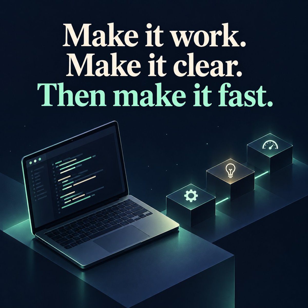 Prince_NITrr24's tweet photo. Make it work. Make it clear. Then make it fast. Small, tested improvements beat clever code you can’t maintain. #Coding #SoftwareEngineering https://t.co/ikqpiDff7U