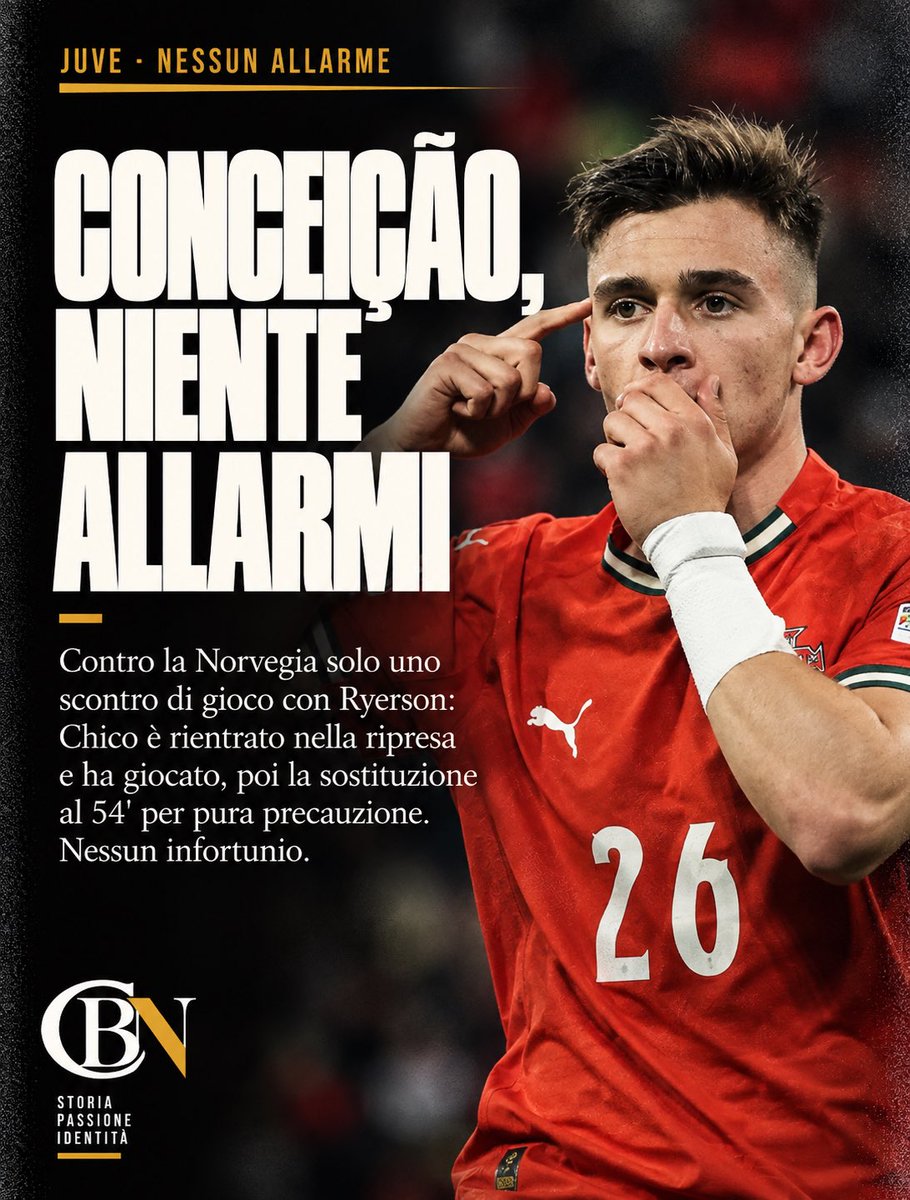 CodBianconero's tweet photo. Nessun allarme per #Conceição, al di là dei titoli che gridano al peggio.

Nel finale del primo tempo di #NorvegiaPortogallo un ginocchio contro ginocchio con Ryerson ha lasciato Chico dolorante, ma l'esterno è rientrato regolarmente nella ripresa e ha continuato a giocare. La sostituzione al 54' è stata una scelta di pura prudenza del commissario tecnico, non la conseguenza di un problema fisico.

Perché trasformare uno scontro di gioco in un'emergenza? In una stagione in cui la Juventus fa già i conti con troppi infortuni, la cautela è comprensibile, l'allarmismo molto meno.

👑

#Juventus #Portogallo #SerieA