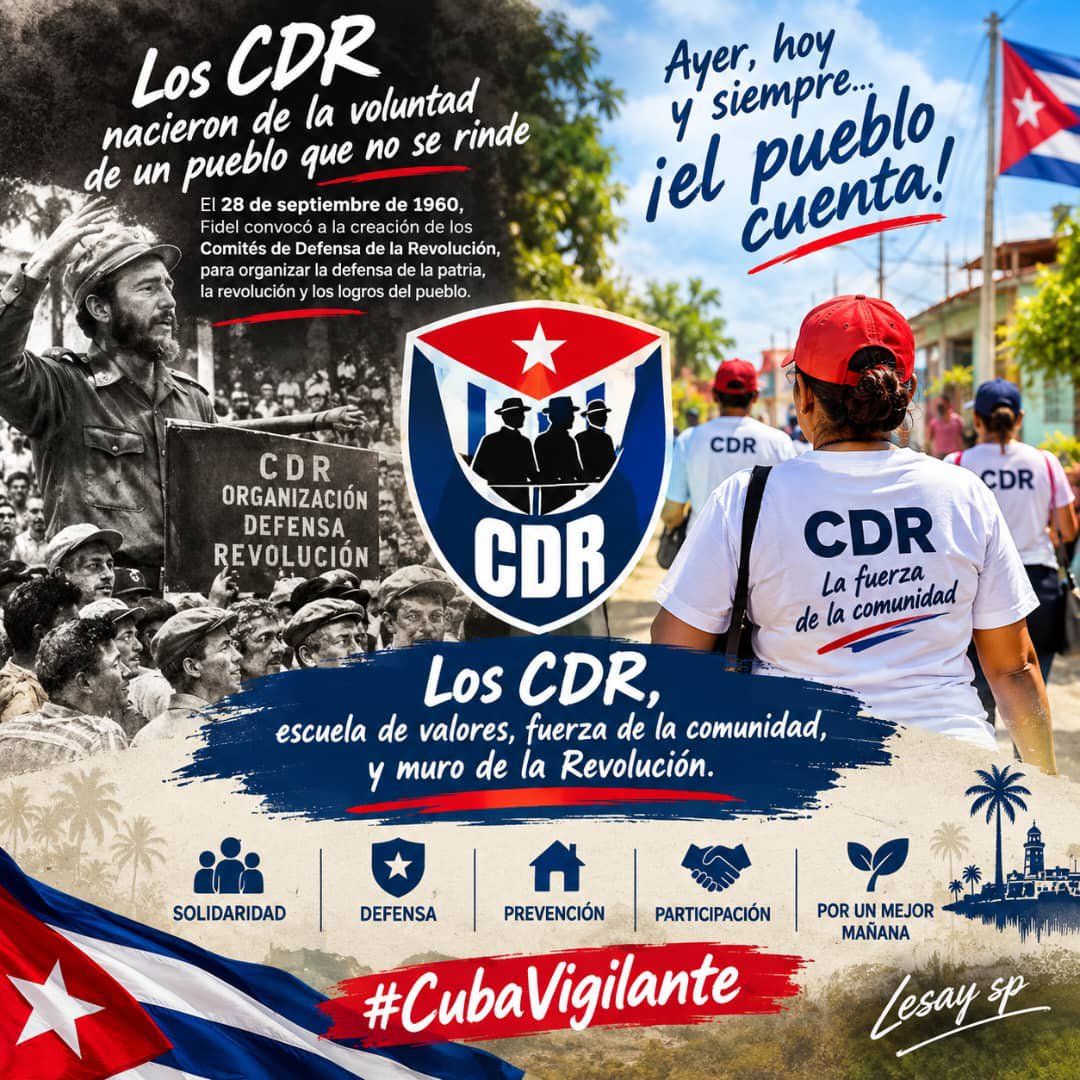 ItachiCuba's tweet photo. Los CDR constituyen una expresión de la unidad y participación de nuestro pueblo. — Fidel Castro

🇨🇺 Desde 1960, barrio a barrio, los CDR son parte de la historia viva de Cuba.

#CubaVigilante https://t.co/X8nio9zXXV