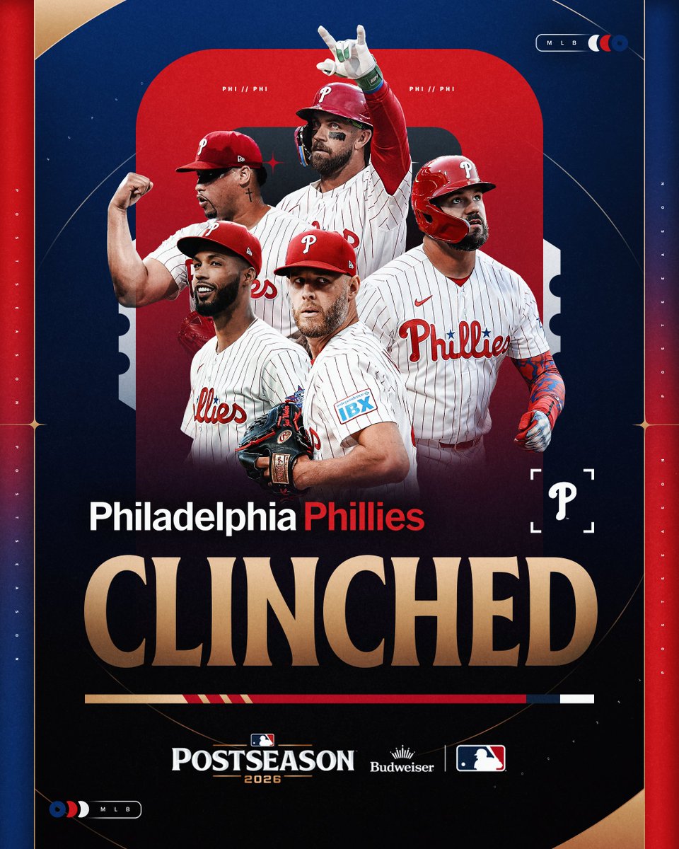 CLINCHED: Philadelphia Phillies
MLB Postseason 2026 presented by Budweiser
Pictured: Cutouts of Bryce Harper, Kyle Schwarber, Zack Wheeler, Cristopher Sánchez and Jhoan Duran