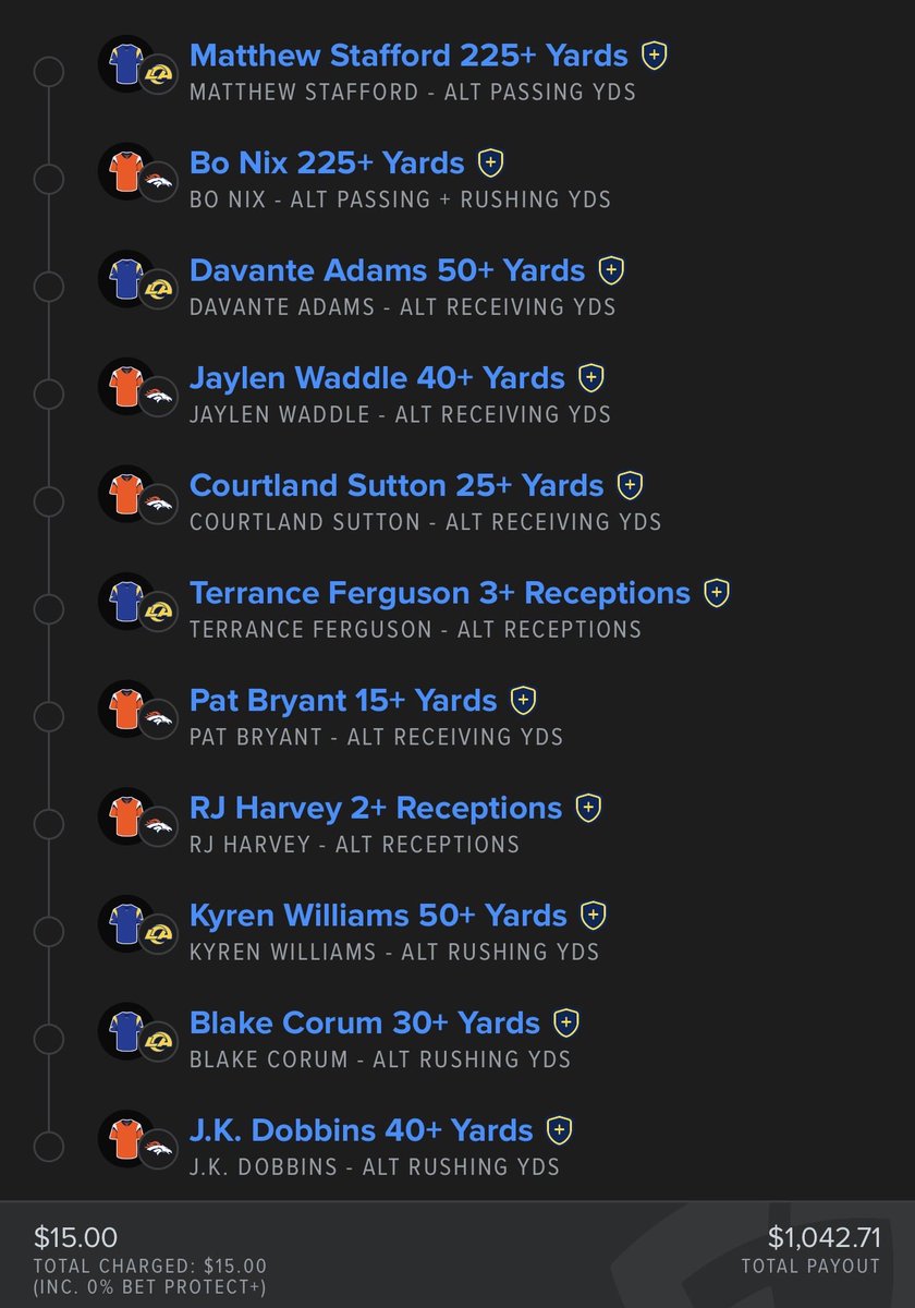 LeverageXApp's tweet photo. Rams vs. Broncos SGP...⚡️💰

@Playbook 

#NFLBets #moneyline #GamblingCommunity #Gambling𝕏 #GamblingX #NFLPredictions #nfl  #GamblingTwitter #NFL #NFLTwitter https://t.co/uQDI85LUBS