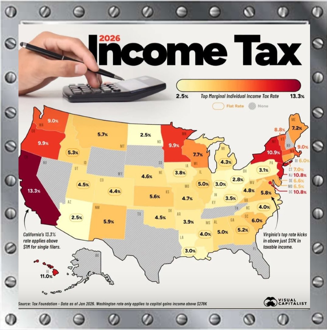 RealEstAnnMarie's tweet photo. State Income Tax Rates. Tennessee is gray. Gray=$0. #stateincometaxes https://t.co/lP89iCGZmW