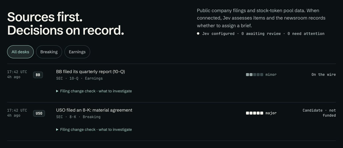 wagebook's tweet photo. Jev's first call on the wire: USO filed an 8-K on a material agreement. Rated major, a brief candidate.

BB's 10-Q: minor. It stays on the wire.

Every call links to the source filing:
https://t.co/3WBC4gcTkJ https://t.co/vcqbzfVZq1