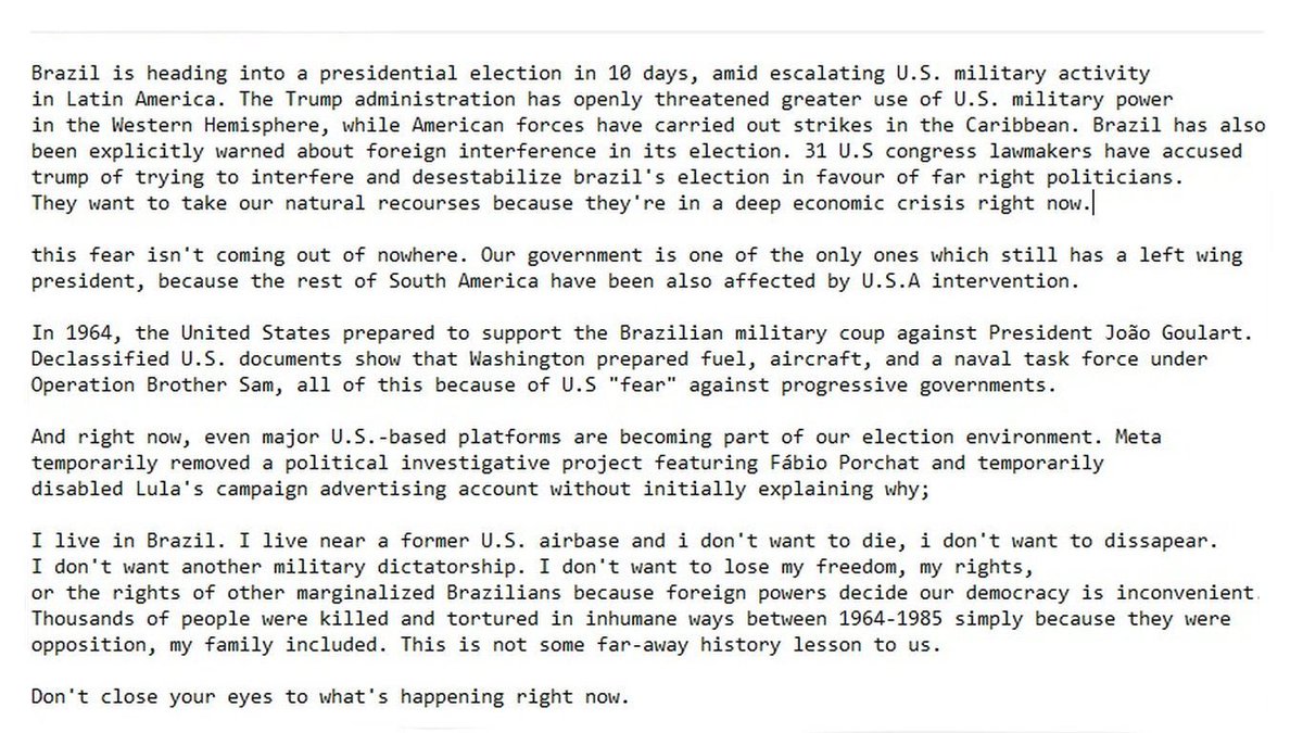 SeudonimoAdr's tweet photo. 🚨🚨🚨🚨🚨🚨PLEASE READ CEASE WHAT YOU ARE DOING AND READ🚨🚨🚨🚨🚨🚨🚨#Brazil #EyesOnBrazil #DontletustakeoverBrazil https://t.co/jaAnnTKIt5