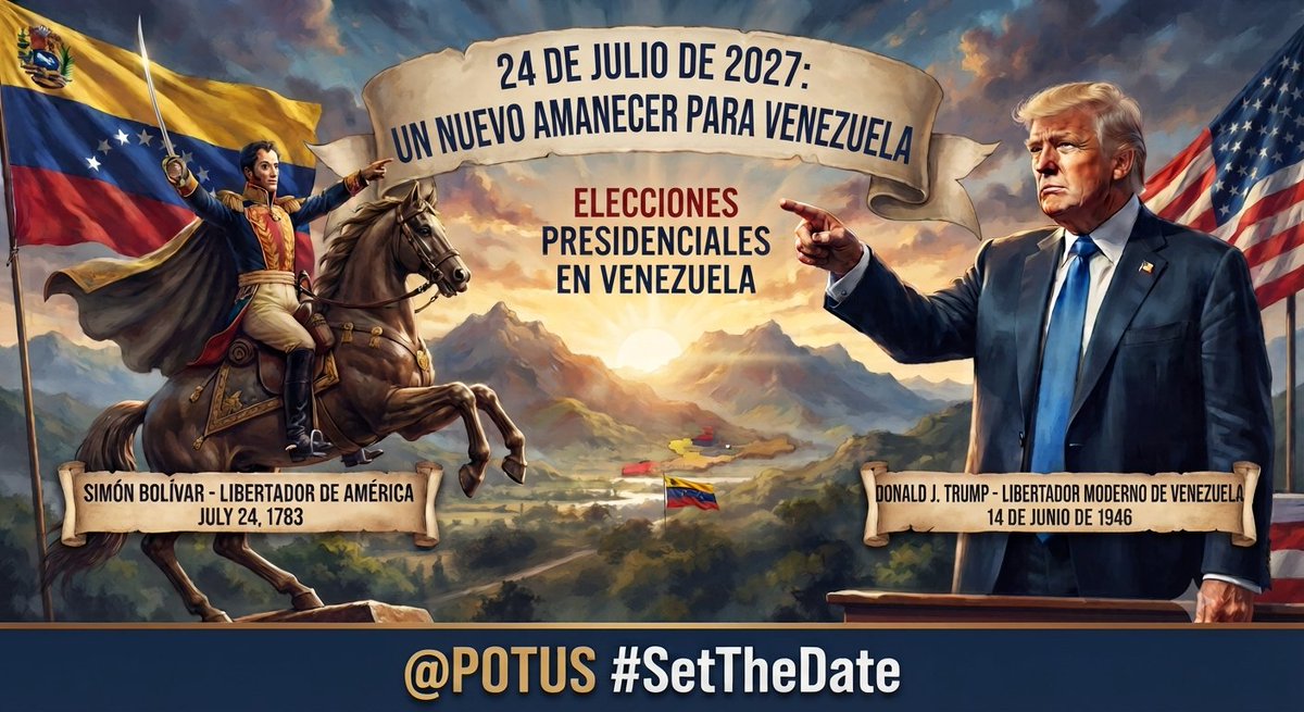 ItsAlvaroRuiz's tweet photo. 24 de julio de 2027—Natalicio de Simón Bolívar, nuestro símbolo de libertad—es la fecha ideal para las elecciones presidenciales en Venezuela. Así como Bolívar luchó por nuestra independencia, @POTUS, usted es el Libertador Moderno de Venezuela. ¡Fijemos esta fecha histórica! 🇻🇪 https://t.co/ww4A7OFZze