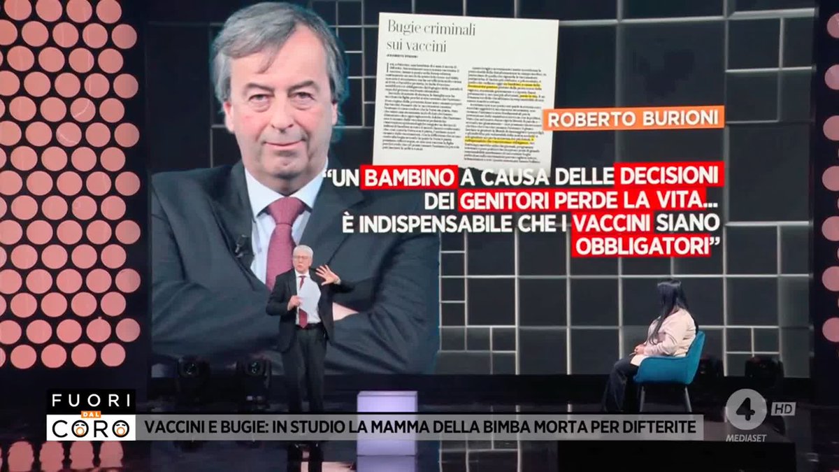 Screenshot from 'Fuori dal Coro' showing Roberto Burioni with a quote about vaccines: 'Un bambino a causa delle decisioni dei genitori perde la vita... è indispensabile che i vaccini siano obbligatori', with a banner reading 'Vaccini e bugie: in studio la mamma della bimba morta per difterite'.