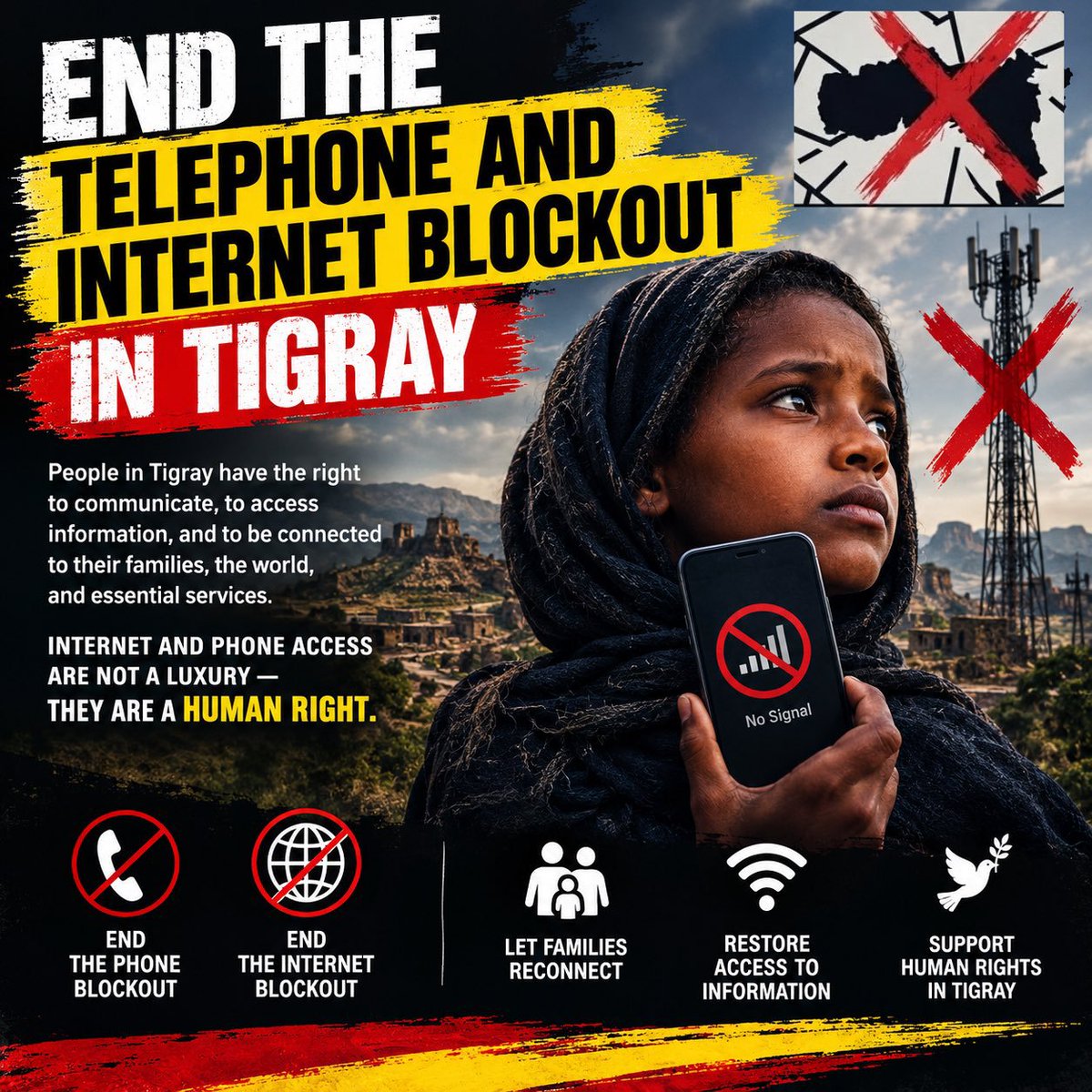 AbebaAbeba89473's tweet photo. ๐ตNo internt. As the แแตแแ (meskel) holiday approaches,families in #Tigray are struggling to commicate due to the government_imposed blackout.
The IC must urge an end to the blackout.
#JusticeForTigray #EndImpunity
#KeepTigrayConnected
@USEmbassyAddis @UKinEthiopia @hrw @UN https://t.co/gC62KvOQ4a