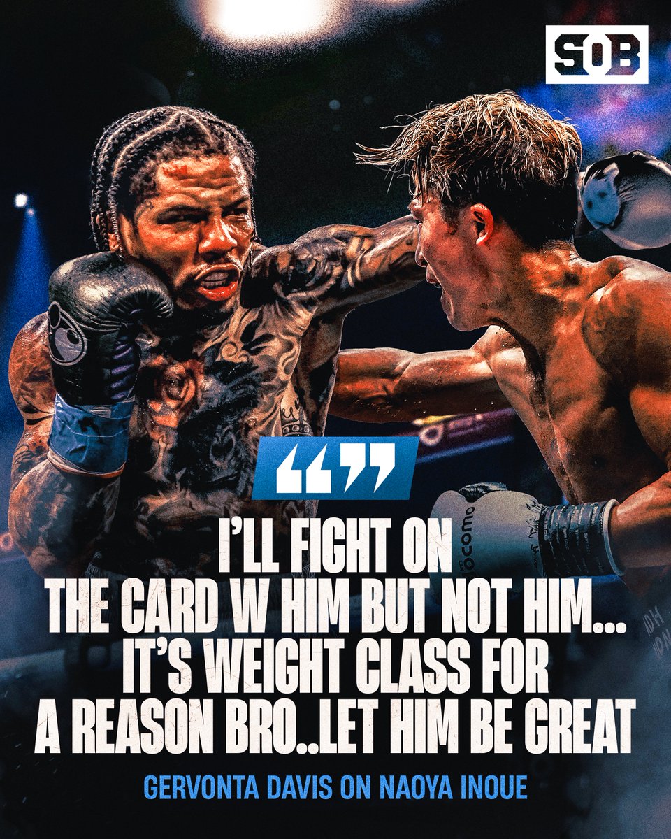 Sourceofboxing's tweet photo. Gervonta Davis says he would fight on a card with Naoya Inoue, but not against him 👀🤝

"It's weight class for a reason bro.. let him be great." https://t.co/BtxfhCJrVb