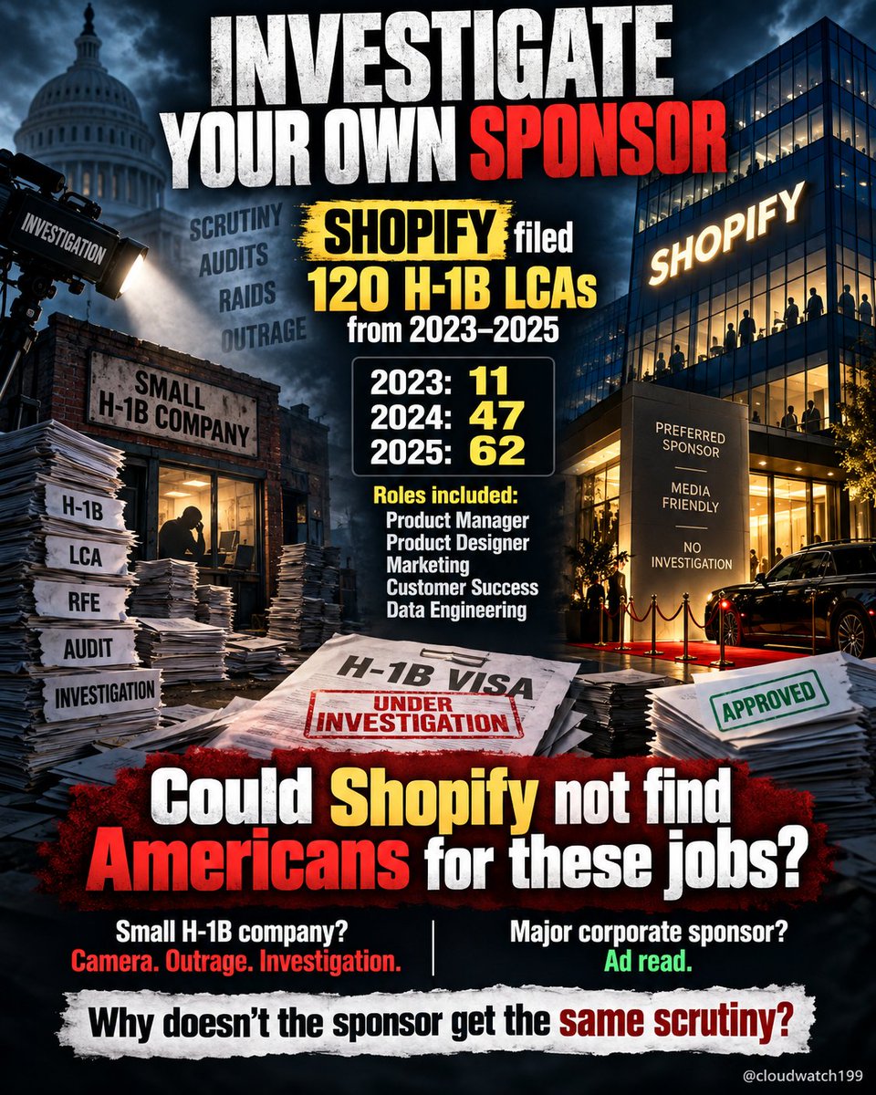 Cloudwatch199's tweet photo. 🚨 IS SARA GONZALES A BIG TECH SHILL?

Sara loves confronting small H-1B employers.

But what happens when the H-1B employer is SHOPIFY , a sponsor of her own show?

Shopify H-1B filings:

2023: 11
2024: 47
2025: 62
111 filings in just 3 years.
And these weren’t all obscure research jobs:

Customer Success Manager.
Product Manager.
Product Designer.
Data Engineer.
Technical Program Manager.

Seriously?

Shopify couldn’t find Americans for product management, design, marketing or customer success?

Sara’s own show promoted her latest “H-1B visa scam” investigation and then thanked SHOPIFY for sponsoring the episode.

Small employer?
Camera. Confrontation. Outrage.

Big corporate sponsor?
Ad read.

So where is the Shopify investigation, Sara?

Where are the cameras?

Where are the questions?

Where is the outrage?

Because when the microscope somehow goes blurry the moment it reaches the company helping pay for your show, viewers have every right to ask:

Is this journalism… or selective outrage for everyone except the sponsor?

And eventually:

Is Sara Gonzales  a paid propogandist? Is Ken Paxton and D'esposito in on this as well?

@SaraGonzalesTX @KenPaxtonTX @USLaborIG