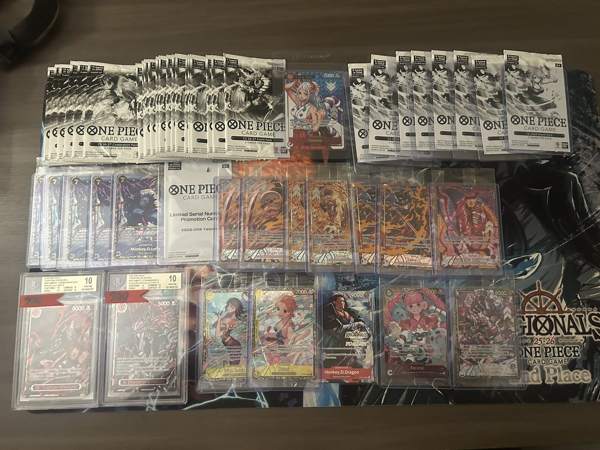 LafinteTCG's tweet photo. 9/27 Ottawa Regional:
Brought enel for low mental load games (couldn’t do another weekend of blackbeard) and ended up top 16 in day 2! @YonasOPTCG list -1 ggl +1 gamma

Happy to come with my gf who practiced Lace with me and went 2-2 in her first ever tournament!

Round 1: Rocks ✅
Round 2: Robin ✅
Round 3: Sabo 🎲✅
Round 4: Sabo 🎲✅
Round 5: Lace ❌ (45454)
Round 6: Rocks ✅
Round 7: Mihawk ✅
Round 8: Ace 🎲❌ (I see the line now)
Round 9: Ace 🎲✅
Round 10: Enel ✅

Top Cut without side selection:
Top 32: Lace ✅✅
Top 16: Robin ✅❌❌ @GTS0806 

(Also pictured consigned loot from last week / this week for sale, dm if interested)
